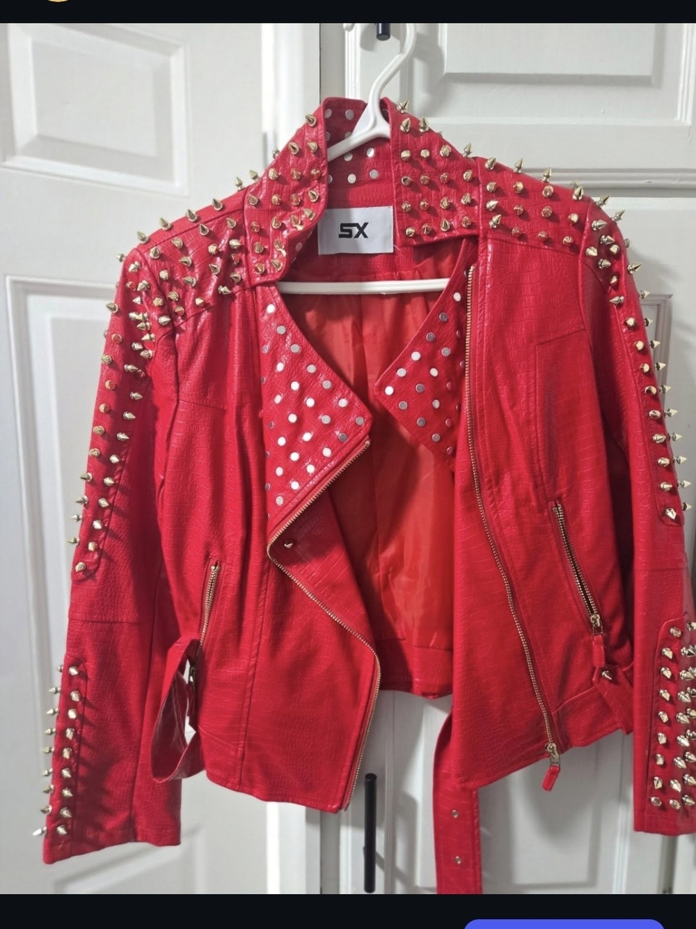 Red Studded Faux Leather Moto Jacket